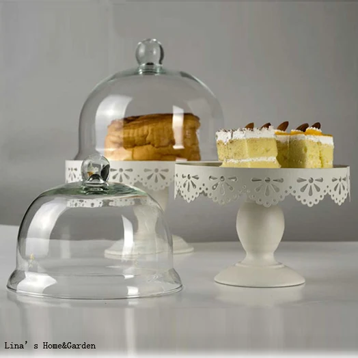 french white metal cake stand with glass dome,cake plate with coverin Storage Trays from Home