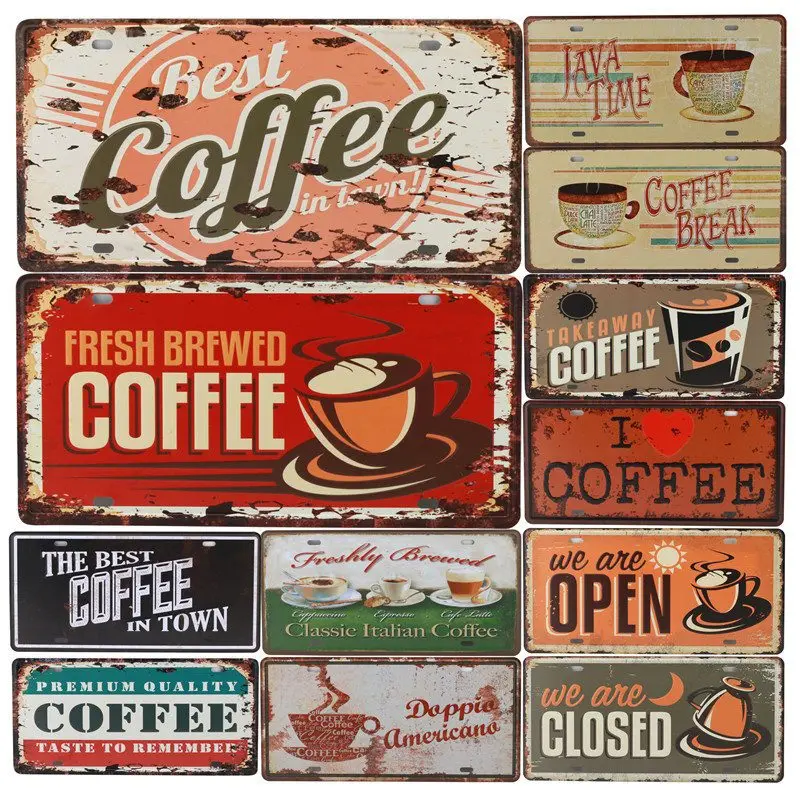 

Coffee Tin Signs Wall Plaque Custom Painting Antique Gift Pub Decor Bar Decoration Metal Plates Shabby Chic Decor Java Time C15