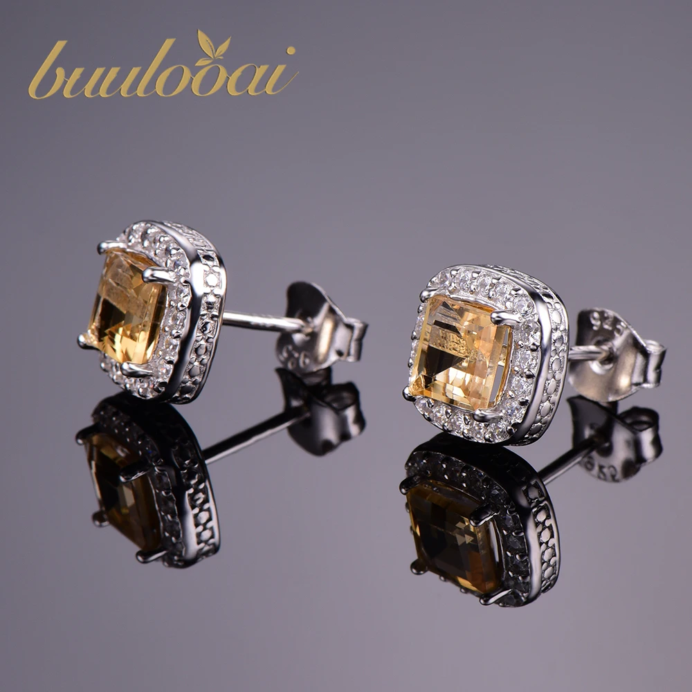 

buulooai Gemstone Natural Citrine Stud Earrings Pure Solid Genuine 925 Sterling Silver Brand Women Fine Jewelry