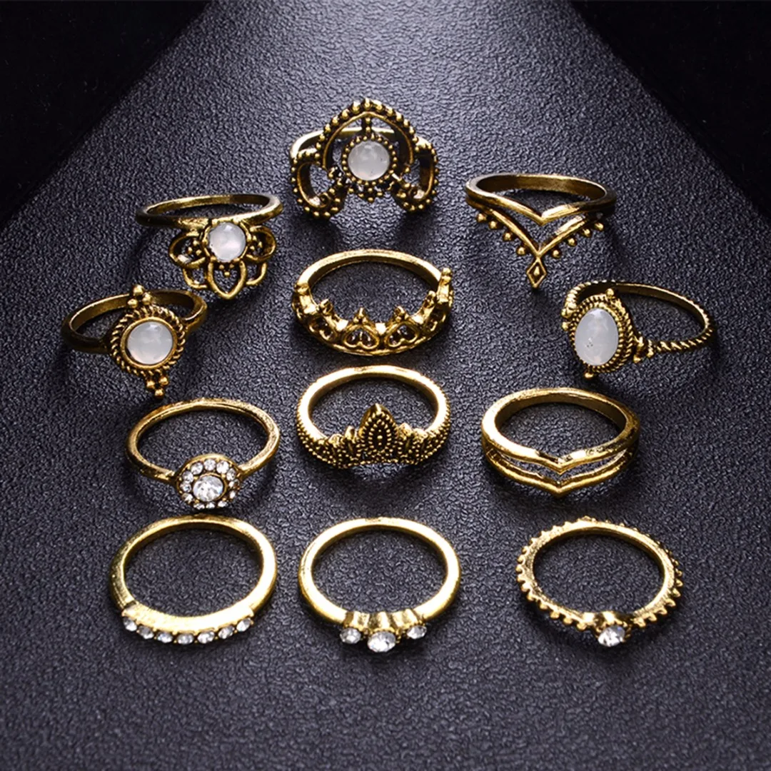 12pcs/set Vintage Crystal Opal Knuckle Ring Shellhard Crown Stone Midi Ring Sets  Punk Anillos Mujer Fashion Statement Jewellery
