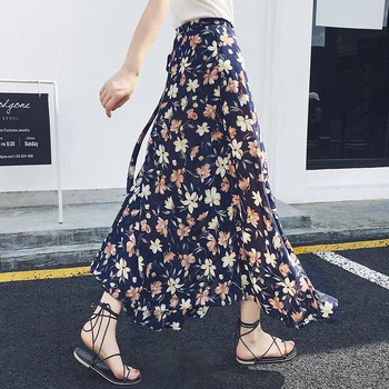 

one-piece Lace New Fashion Vintage Bohemia Chiffon Floral Printed Women Boho Floor-Length Long Beach Party Loose Flare Skirts