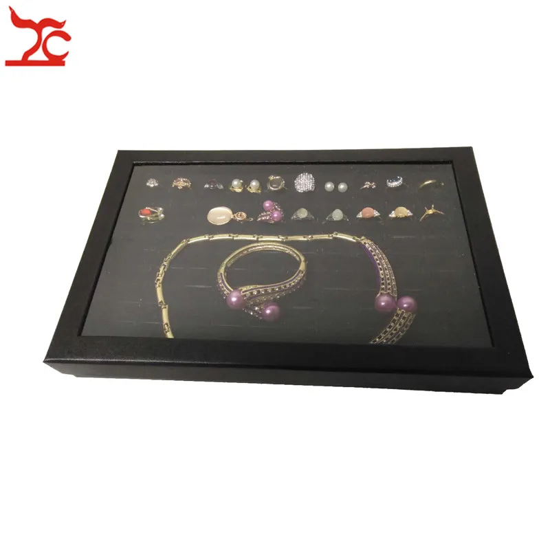

100 Slots Velvet Sponge Ring Earring Display Box Black Jewelry Storage Case Holder Showcase Ring Cufflink Jewelry Tray With Lid