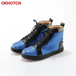 Okhotcn Мужская обувь Лакированная кожа синий роскошный кристалл с высоким берцем Мужская обувь без каблука Кружево Up черный кроссовки Для