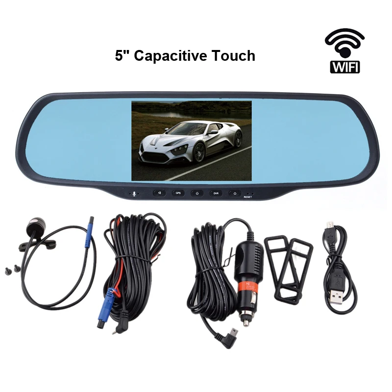 

5" Touch Screen Car Rearview Mirror with DVR and Camera Dual Lens Wifi GPS Android Mirror Recorder TF Built-in Battery