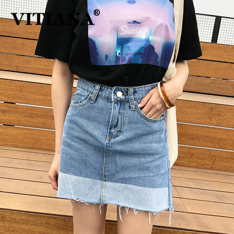 

VITIANA Women Empire Short Denim Skirt Summer 2019 Ladies Striped Pockets Button Blue Casual Mini Skirts Female Elegant Clothes