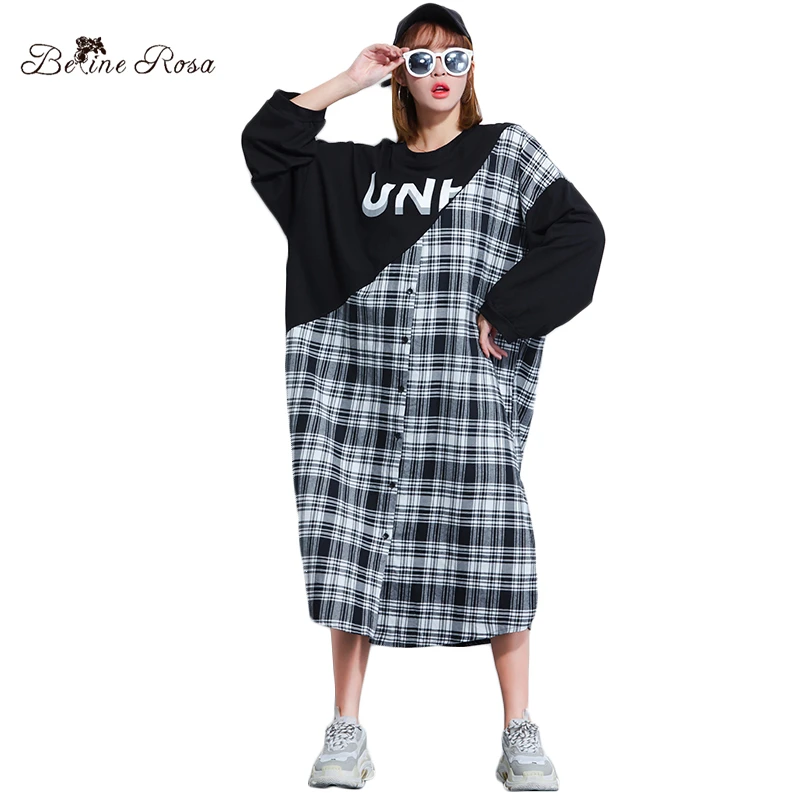 

BelineRosa Plus Size Dress Women Ladies England Street Style Fashion Hit Color Black Casual Dress of the Big Size TYW00936