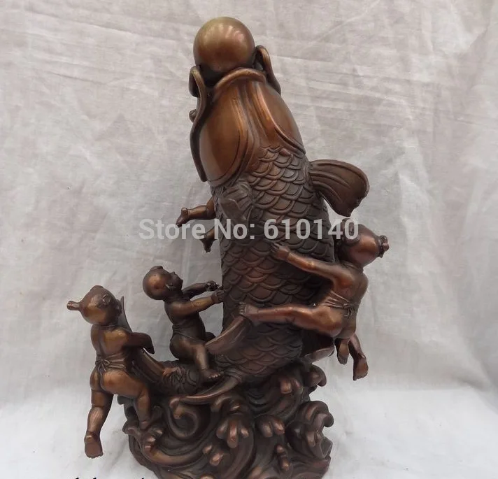 

12" Chinese Bronze Wealth 5 Kid Child Sculpture JiXiang Fish Ball Statue
