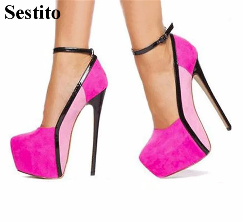

Sweet Mixed Colors Round Toe High Heels Super High Platform Party Women Pumps Thin Heels Buckle Strap Women Shoes Spring/Autumn
