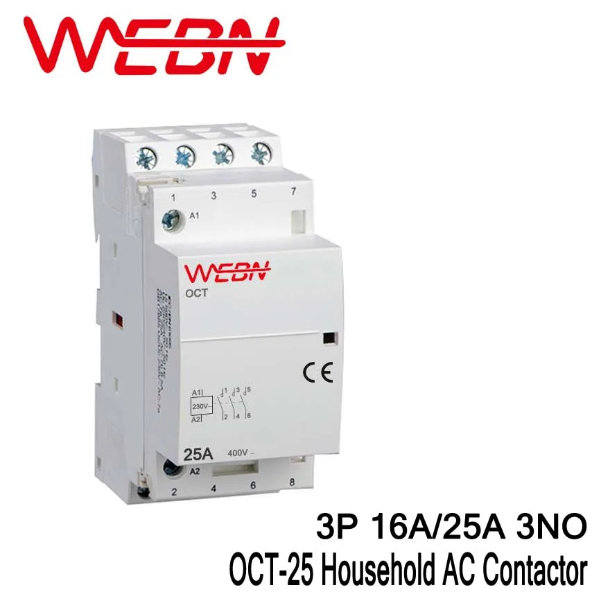 

OCT-25 Series AC Household Contactor 400V 50/60Hz 3P 16A/25A Contact Form 3NO Three Normal Open Contact Din Rail Contactor