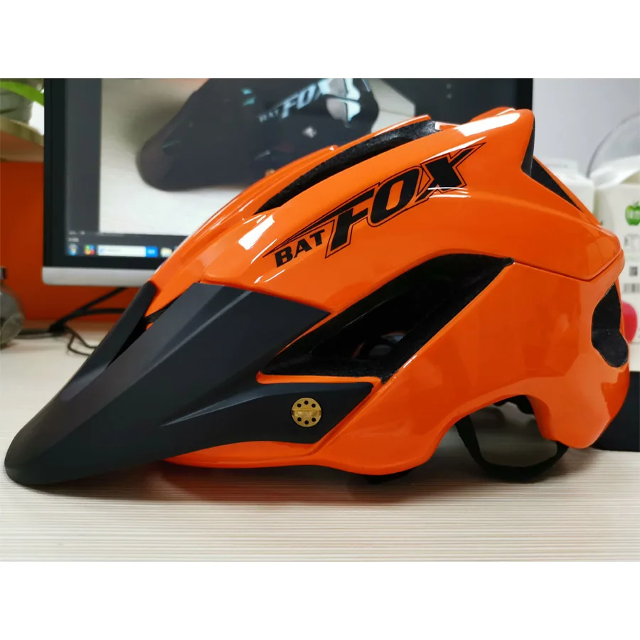 BATFOX MTB Cycling Helmet Mountain Road Bike Helmet Men Women Orange Bicycle Cycling Safety Outdoor Sport Big Visor Helmet casco