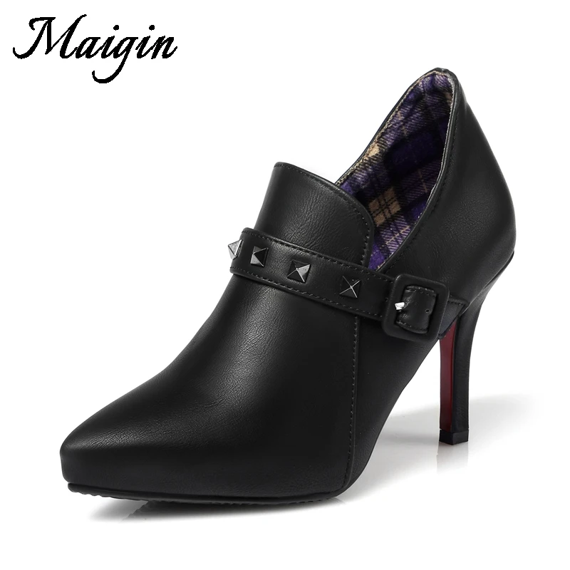 Maigin 2018 New High Heels Women Boots Pointed Toe Rivet Ladies Ankle Booties Autumn Plus Size 34-43 Black Stiletto Female Shoes