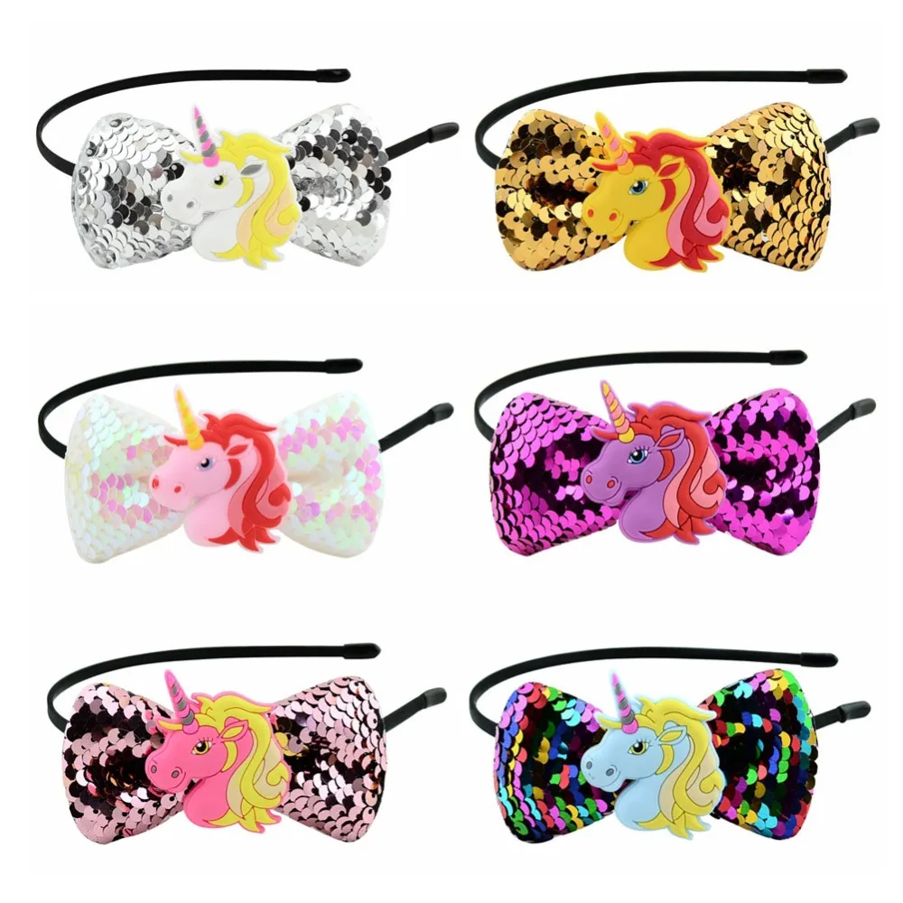 Unicorn Hairbands Rainbow Sequins Glitter Bows Shining Swallowtail