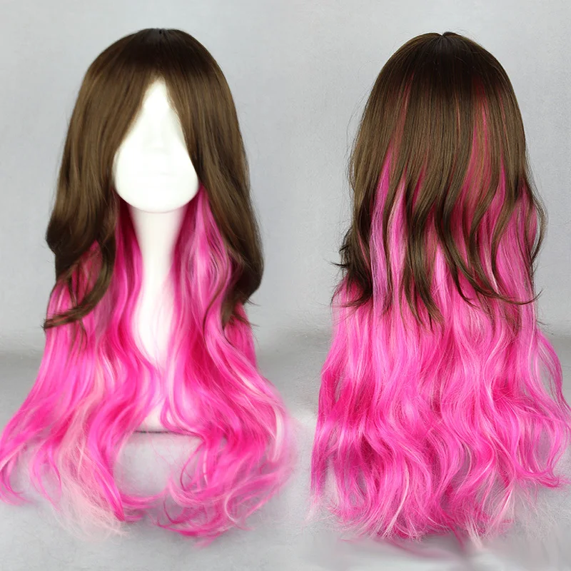 

MCOSER Free Shipping Fashion Ombre Colorful 70cm Long Wave Brown Pink Synthetic Lolita Synthyetic Wig