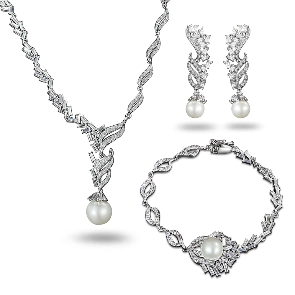 

Austrian Crystal CZ Pearl Victorian Style Necklace Earrings Bracelet Set
