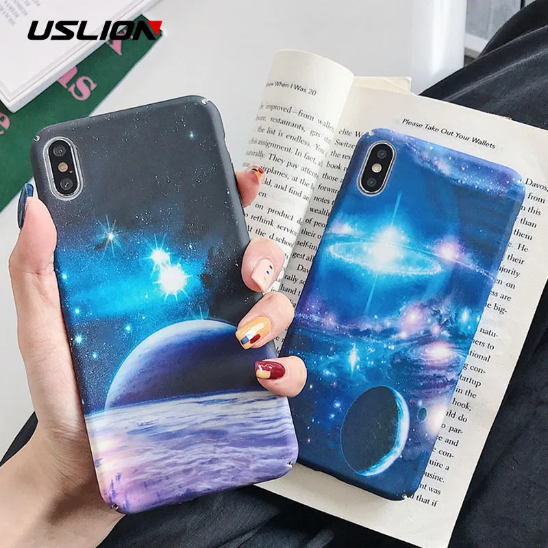 

USLION Luminous Space Moon Star Case For iPhone 7 8 6 6S Plus Matte Phone Case For iPhone X XS XR XS Max Hard PC Full Cover Capa