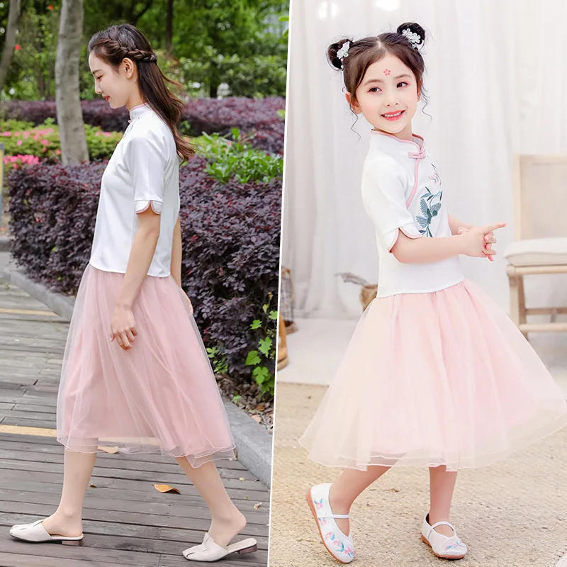 

Summer Clothes Suits for Mom&kids Chinese Traditional Hanfu Embroidery Shirt+Tutu Skirt 2pcs Clothes Suits Elegant Family Outfit