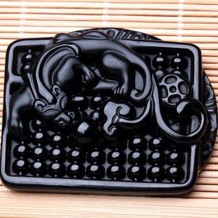 

Free shipping Natural obsidian god beast necklace pendant with rope