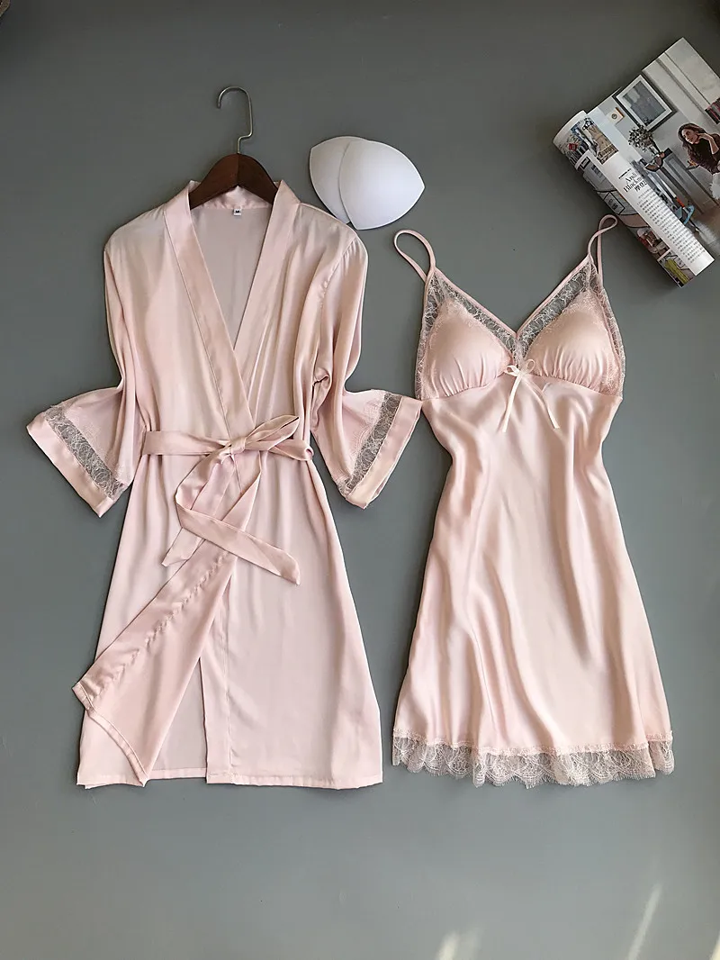 Queenral 2PCS Women Gown Sets Silk Satin Robe Nightgown Set Sleepwear Home Suit Night Sleep Plus Size M-XL Intimate Lingerie 4