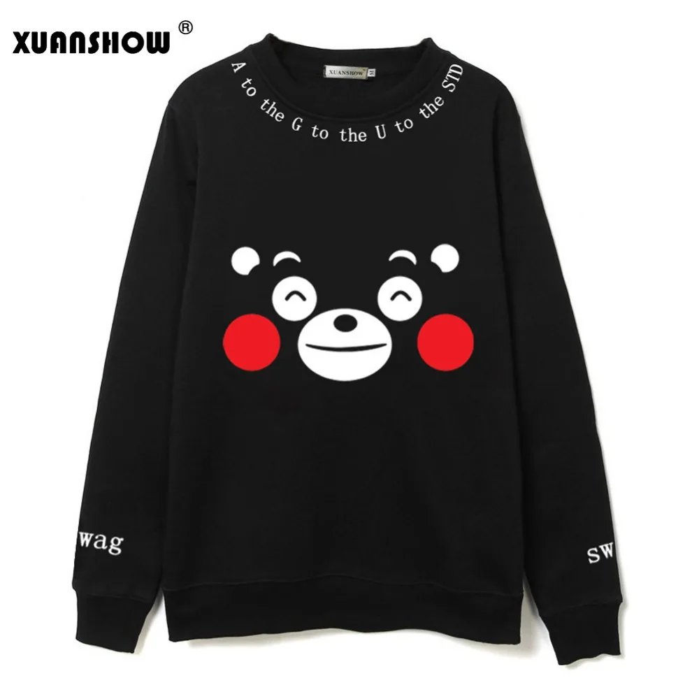  XUANSHOW Women's Sweatshirt Kawaii Kumamoto Bear Printed Black Color Cute Cartoon Fleece Kpop Team 