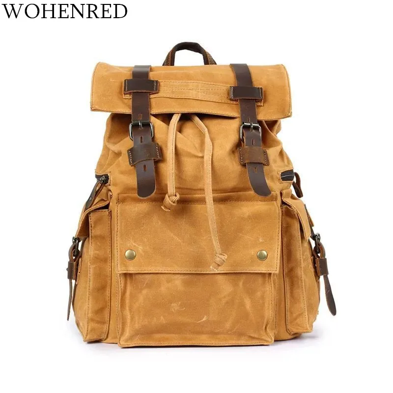 WOHENRED Brand Leather Canvas Backpack For Men Laptop Bag Vintage Big School Bags Waterproof Luggage Travel Backpack Rucksack