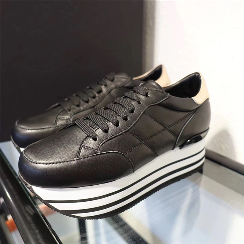 

Black White Stripes Platform Soft Leather Women Shoes Lace Up High Heels Casual Shoes Sneaker For Women zapatos de mujer
