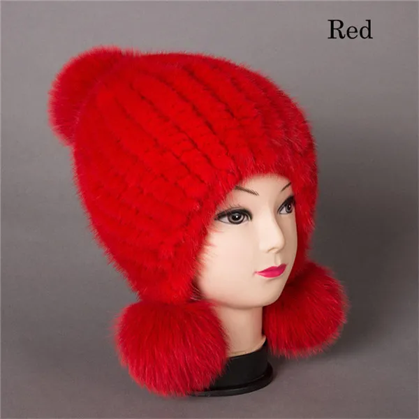 Facshion зимние однотонные вязаные шапки-бомберы из натурального меха, женские шапки из меха норки, меховые наушники из лисьего меха, женские шапки с ушками - Цвет: Красный