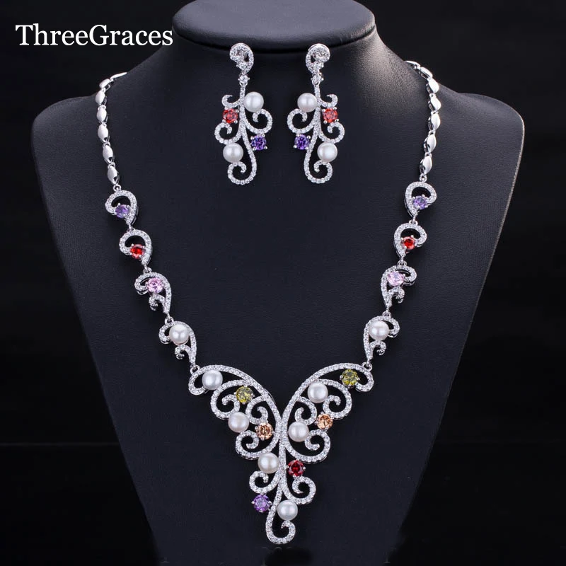 ThreeGraces New African Bridal Jewelry Multi Colored CZ Crystal Women Wedding Earrings Necklace Sets With Fresh Pearls JS141 ThreeGraces New African Bridal Jewelry Multi Colored CZ Crystal Women Wedding Earrings Necklace Sets With Fresh Pearls JS141