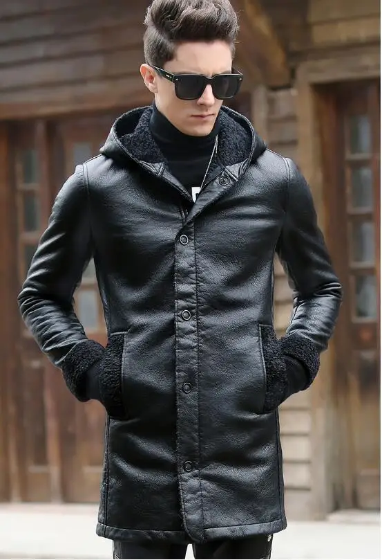 Новое поступление, Мужская зимняя кожаная куртка, высокое качество, мужская куртка с капюшоном из искусственной кожи, приталенное теплое меховое пальто средней длины - Цвет: Черный