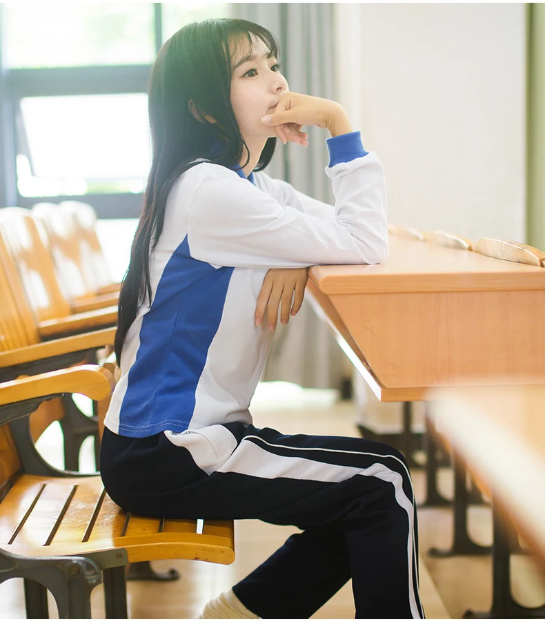 

spring fashion Chinese style clothing male students and female students wear long-sleeved dark blue and white patchwork T-shirt