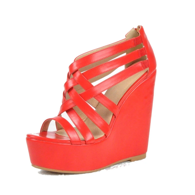 Comfortable Red Pu Women Sandals Platform High Heel Wedges Heels Plus Size 12 Women Sexy High Heels Shoes Wedge Sandals