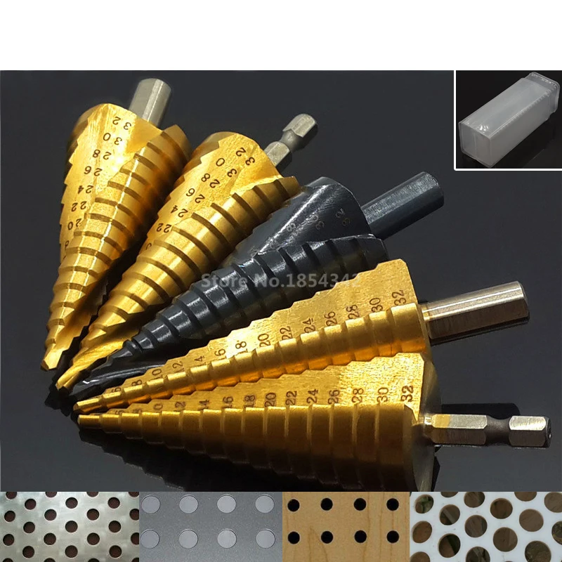 

1PC HSS Titanium 4-32mm Spiral Grooved Hex Shank Metal Step Drill Bit Hole Cutter Wood Cone Core Drilling Saw Power Drills Tool