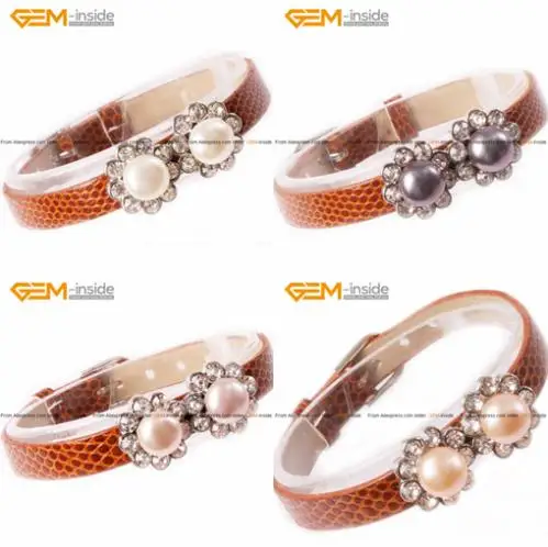 Pearl setting Brown Leather Belt Bracelet 6 7 8 9m...