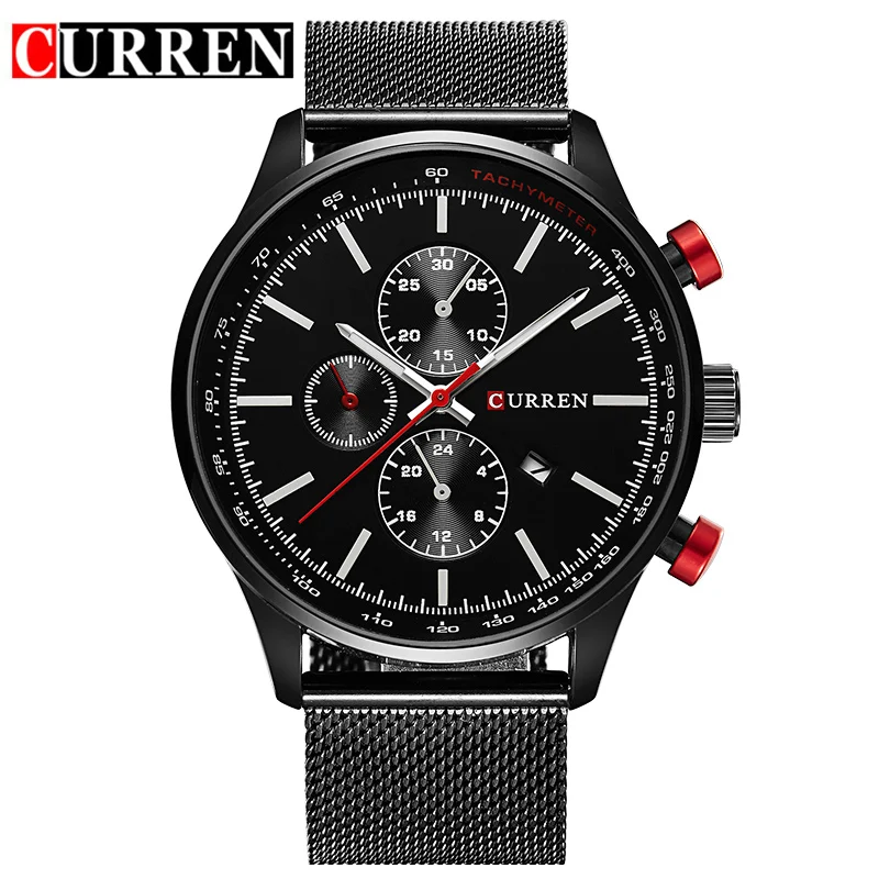 

CURREN Japan Movement Black Steel Mesh Band Red Button Date Display Men Fashion Quartz Wrist Watches Male Clock Top Brand Luxury