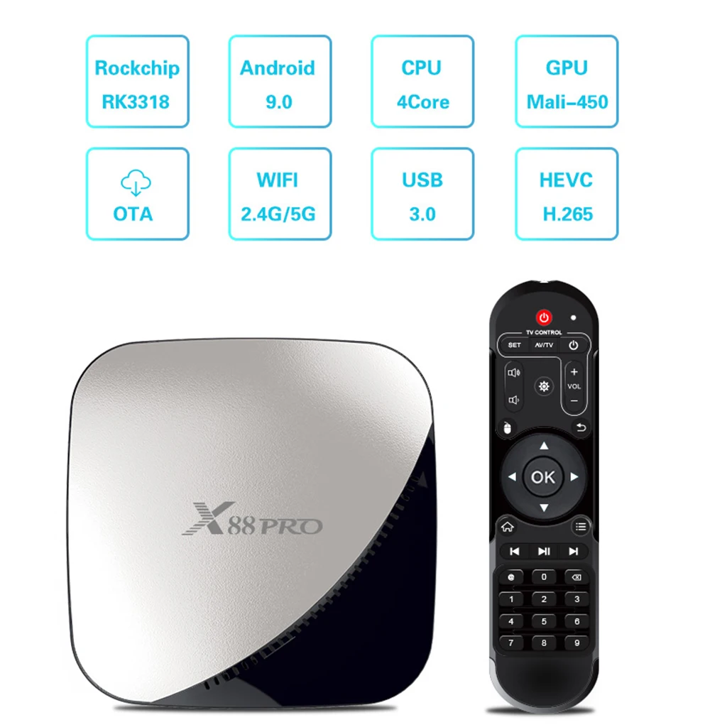 Smart TV Box Android 9.0 X88 Pro 2G+16/4G+32G/4G+64G RK3318 4 Core 2.4G&5G WIFI 4K HDR Media Player Google Play Set Top Box