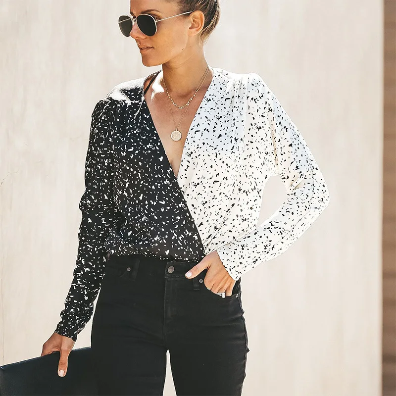 

Women V-neck Long Sleeve Slim Printed Contrast Shirt Women Polka Dot Office Lady Spliced Shirts Female Fashion Patchwork Hot Top