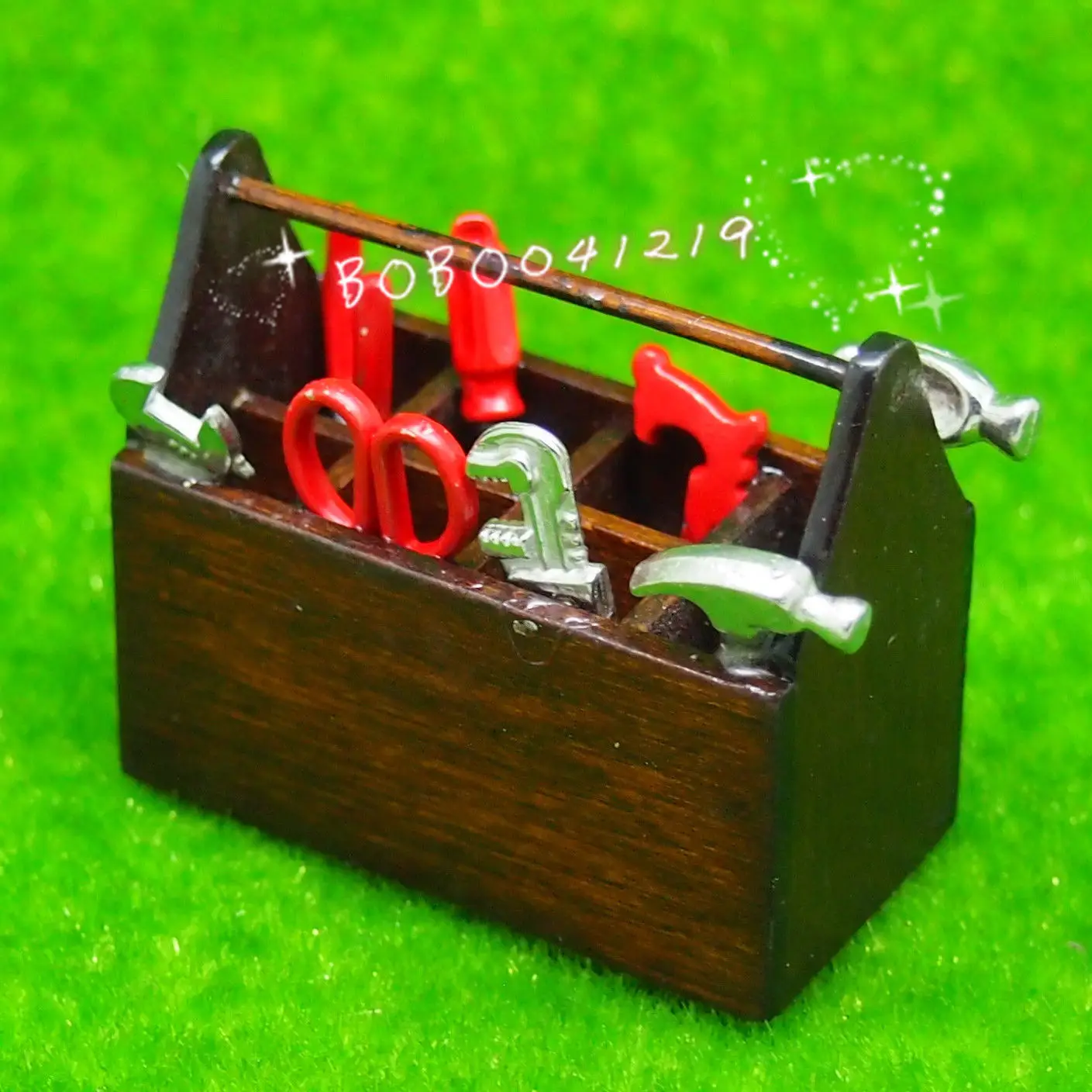 Dollhouse Miniature Metal Garden Outdoor tools in wooden box RX1552in