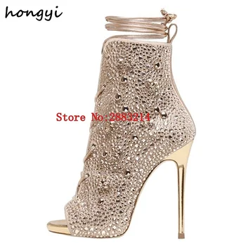 

Hot Sale Stiletto Peep Toe Thin High heels Cut-outs Sandal Boots Crystal Rhinestone Lace Up Short Ankle Booties Summer Spring