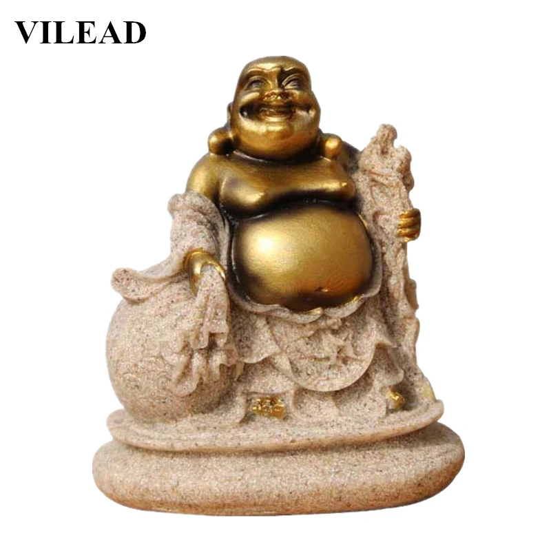 

VILEAD 3.5" Nature Sandstone Maitreya Buddha Statues Religious Laughing Buddha Figurines Creative Ornaments For Home Store Gift