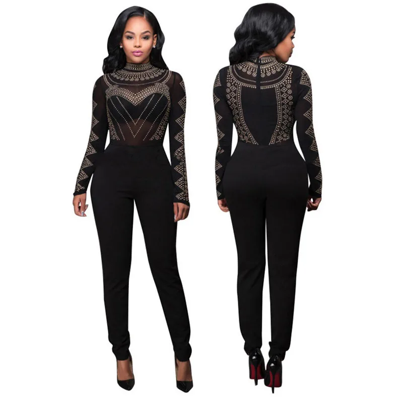 RV80377 Sequined Diamond Mesh Bodysuit Galaxy Black Gold Jumpsuits for