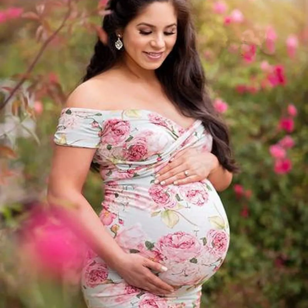 Puesky модное платье для беременных с цветочным принтом, с открытыми плечами, с коротким рукавом, длинное банкетное свадебное платье, одежда для беременных женщин
