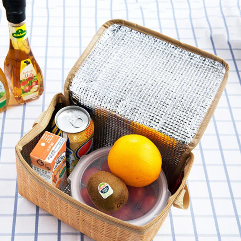 Vogvigo Portable Zipper Tote Outdoor Travel Organizer Imitation Rattan Lunch Storage Bag Box Insulated Thermal Lunch Box Unisex