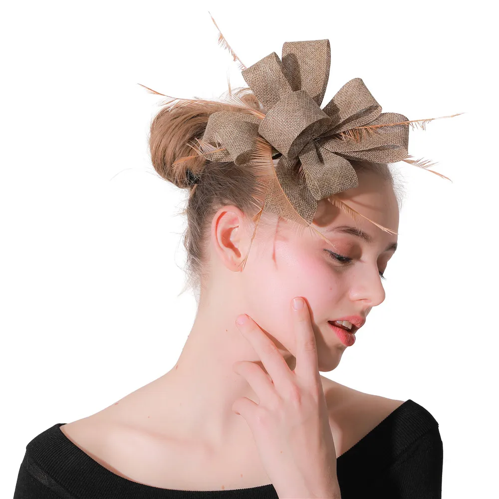 

Khaki tea party Fascinators hat Bridal wedding veil feather flower hair clip women married race headwear 2019 new arrival XMF156