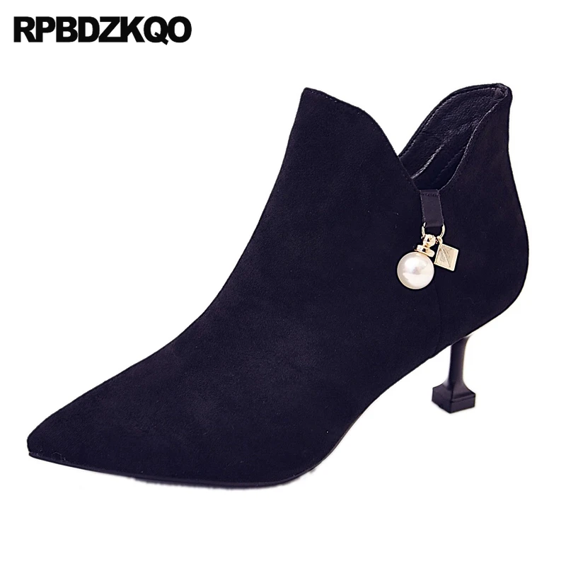 

Stiletto Autumn Pointed Toe Black Fashion Shoes 2017 Metal Booties Pearl Ankle Fall Women Boots Winter Suede Female Chinese