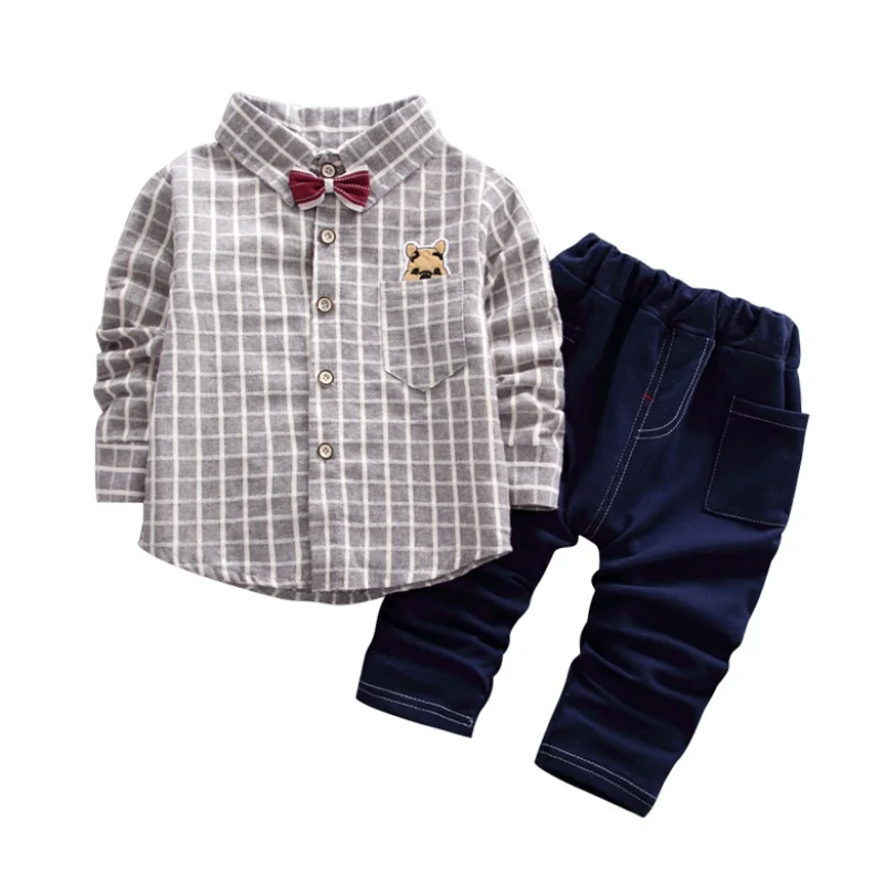 Осенняя рубашка из мягкого хлопка в клетку с длинными рукавами для маленьких мальчиков Топ+ длинные штаны, брюки Одежда для маленьких детей из 2 предметов