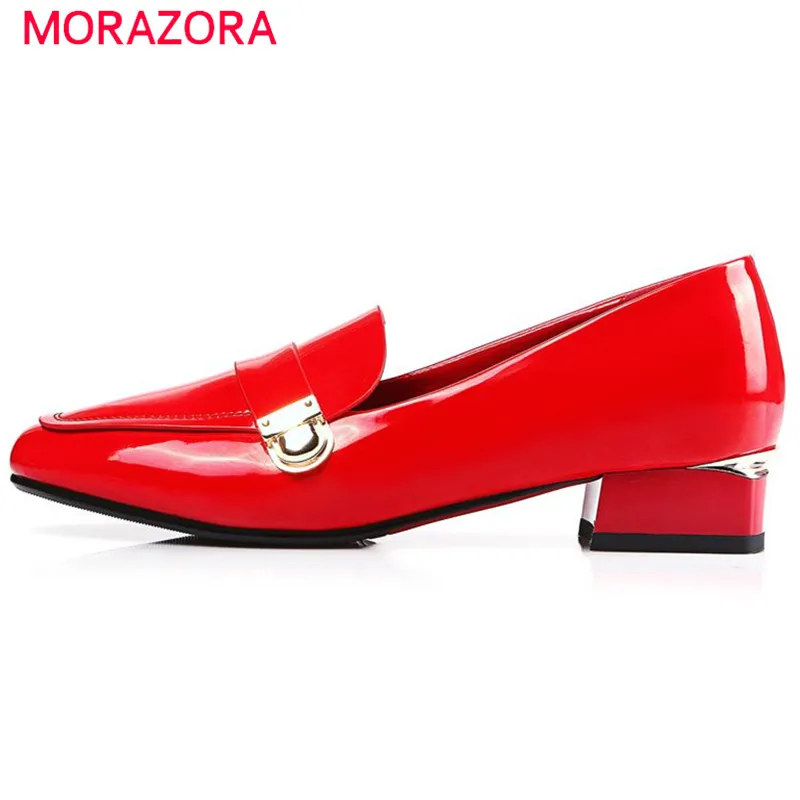 

MORAZORA Soft leather shoes women fashion contracted four seasons single shoes square toe solid flats metal decoration