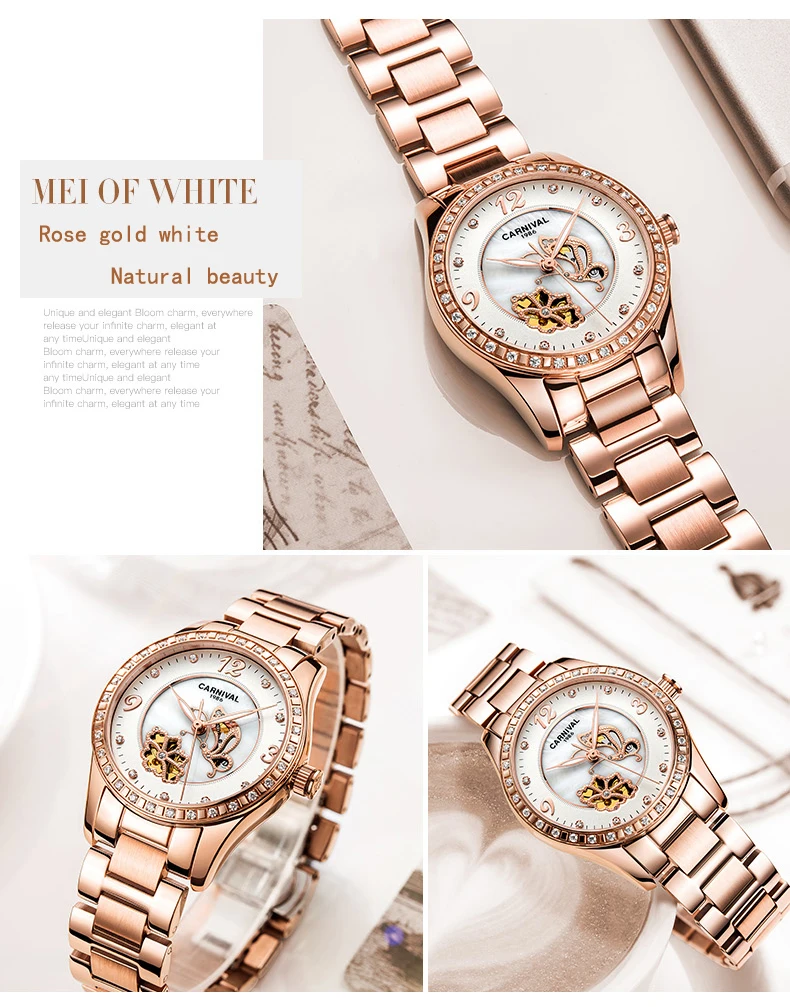 Carnival Mechanical Watch Women Ceramic Clock Butterfly Design Women's Watches Top Brand Luxury Women Sapphire Crystal Female