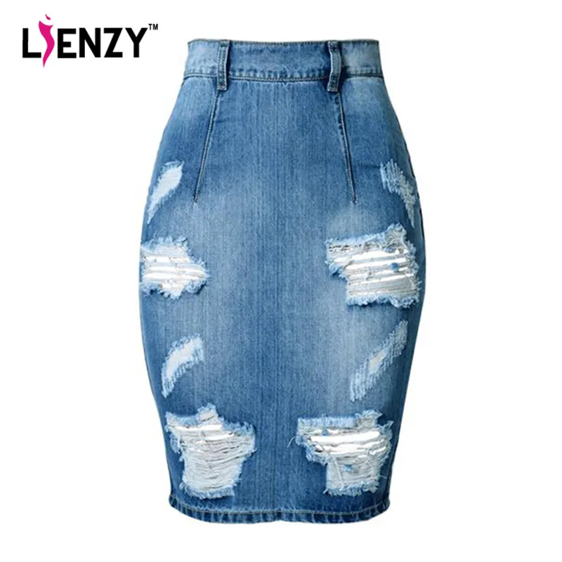 Image LIENZY 2016 Summer Fashion Women Denim Skirt Jeans High Waist Ripped Vintage Skinny Blue Midi Short Pencil Skirt 3XL