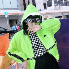 Harajuku флуоресцентная яркая хип-хоп модная уличная короткая куртка с капюшоном на молнии Регулируемая длина