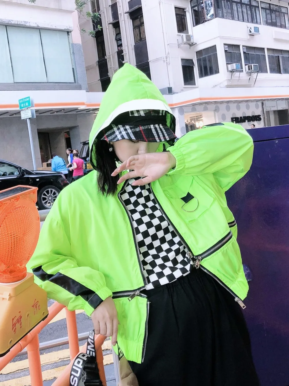 

Harajuku fluorescent bright hip hop fashion street short Hooded Jacket zipper adjustable length