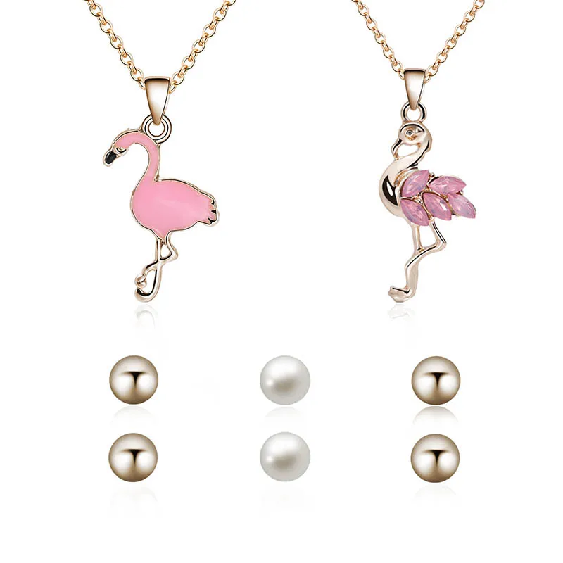 

2Pcs Set Pink Flamingo Pattern Crystal Set Pendant Necklace Round Earring Stud Lovely Gift for Women Ladies Jewelry Wholesale